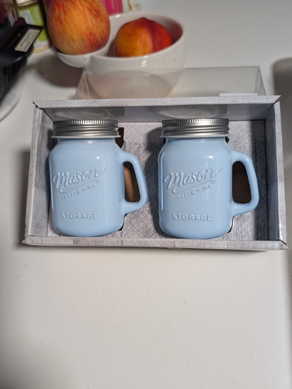 Light Blue Ceramic Mason Jar Salt And Pepper- Lite Blue NIB